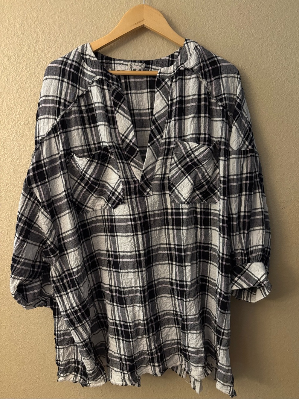 Free People XS Oversized Plaid Tunic Shirt Black White Cotton Blend